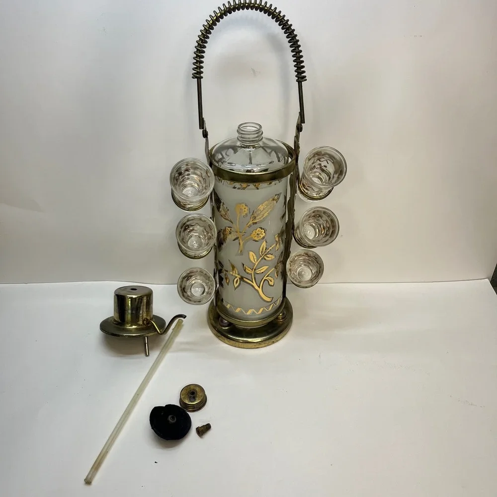 Vintage Decanter Set glenshaw Gold Leaf Glass 6‎ Shot Glasses Brass Caddy mcm